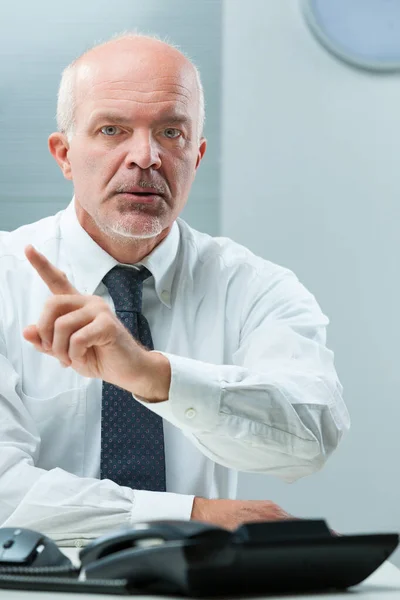 Senior Businessman Seated His Desk Firmly Says Absolutely Definitely Way — Stock Photo, Image
