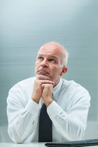 Elderly Man Ponders Office Looking Worries Years Till Retirement Fast — Stock Photo, Image