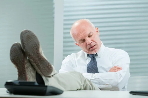 Due Neglect Exhaustion Senior Businessman Heavily Sleeps His Office Drooling — Stock Photo, Image