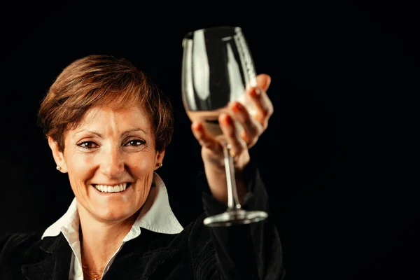Drink Fine White Wine Suggests Elegant Elderly Lady Raising Glass — Stock Photo, Image