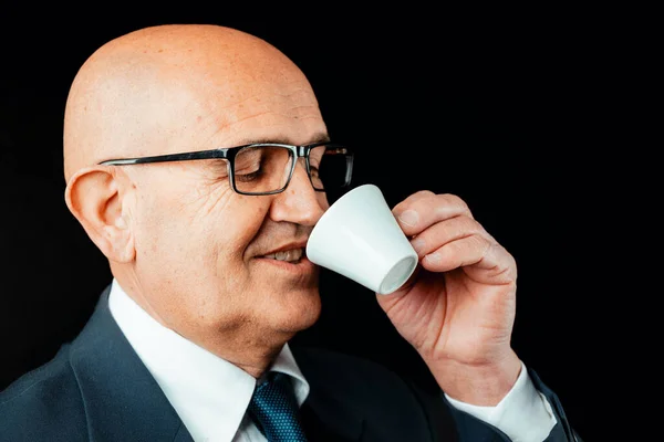 Aged Bald Man Captured Close Relishing Genuine Italian Espresso Suitably — Stock Photo, Image