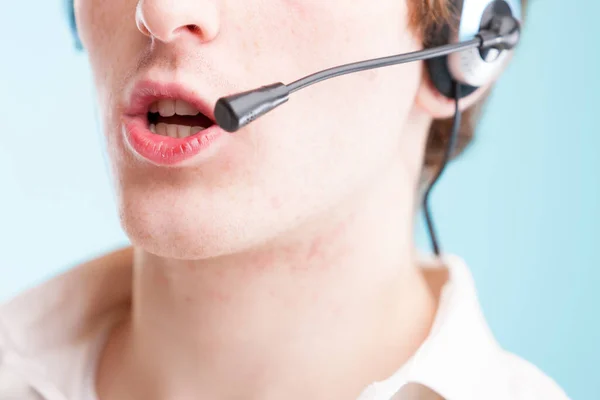 You Think Contact Picture Close Young Man Lips Neck Speaking — Stock Photo, Image
