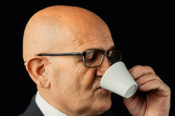 Close Portrait Bald Elderly Gentleman Fervently Sips Authentic Italian Espresso — Stock Photo, Image