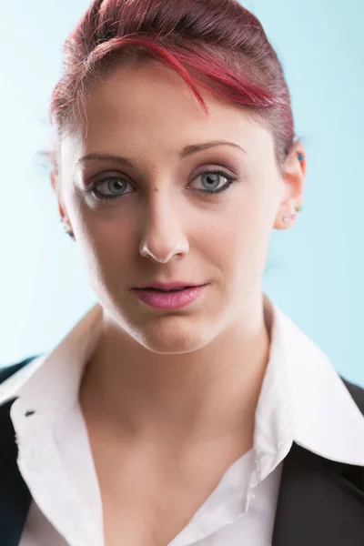 Young Redhead Formal Suit Open White Blouse Contemplates Her Office — Stock Photo, Image