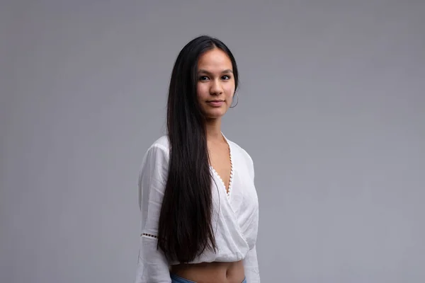 Portrait Beautiful Young Woman Long Black Hair Wearing White Blouse — Stock Photo, Image