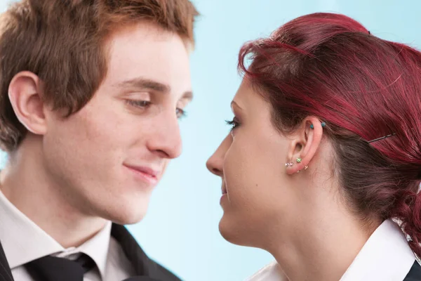 Office Romance Blooms Two Young Individuals Lock Eyes Hierarchical Positions — Stock Photo, Image