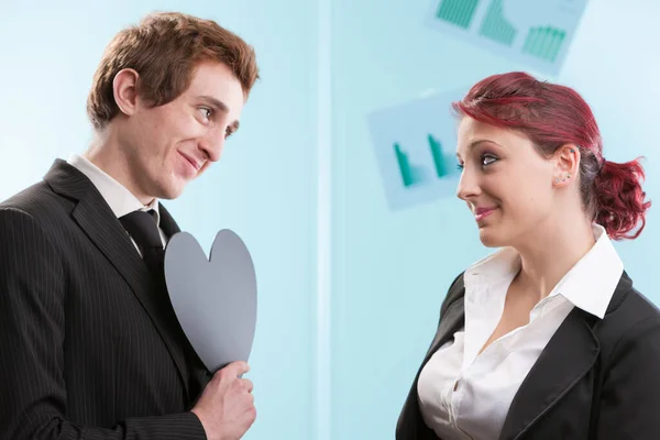 Office Romance Offers Black Heart Symbol She Unsure Its Meaning — Stock Photo, Image