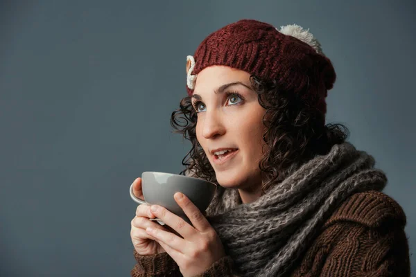 Embraced Winter Woman Woolen Attire Sips Comforting Drink Milk Caffelatte — Stock Photo, Image