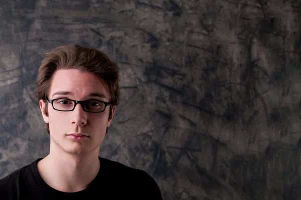 Young Man Glasses Front Wiped Chalkboard Ample Copyspace Available His — Stock Photo, Image