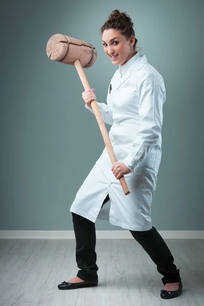 Blue Green Room Scientist White Ironically Wields Wooden Club Exaggerated — Stock Photo, Image