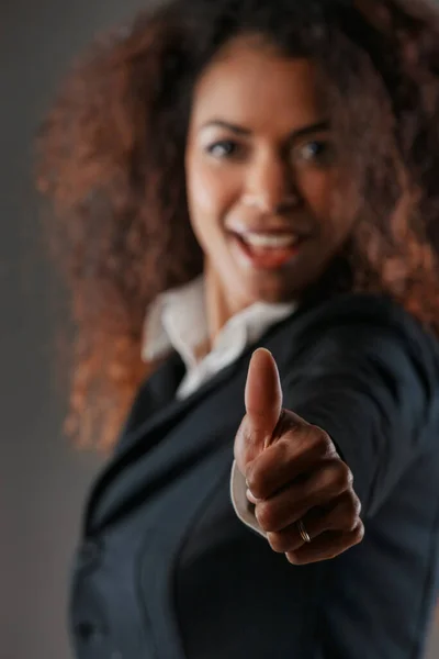 Yeah Enthusiasm Radiates Beautiful Black Woman Her Focused Thumbs Foreground — Stock Photo, Image