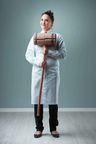Humorously Exaggerating Scientist White Coat Blue Green Room Swings Wooden — Stock Photo, Image