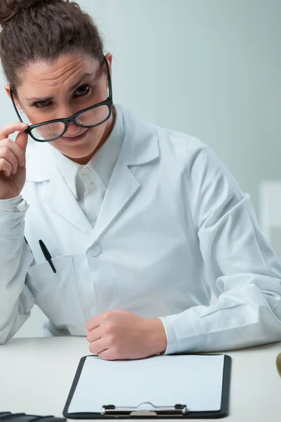 Skeptical Scientist Black Glasses Expresses Frustration Upset Pseudoscience She Devoted — Stock Photo, Image