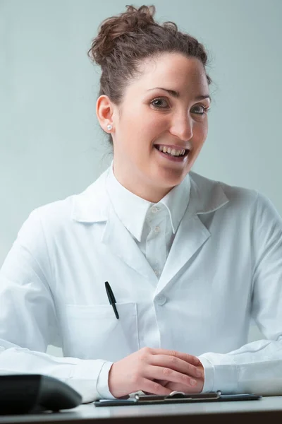 Realm Precise Science Represented Beaming Woman Her Desk Dedicated Quality — Stock Photo, Image