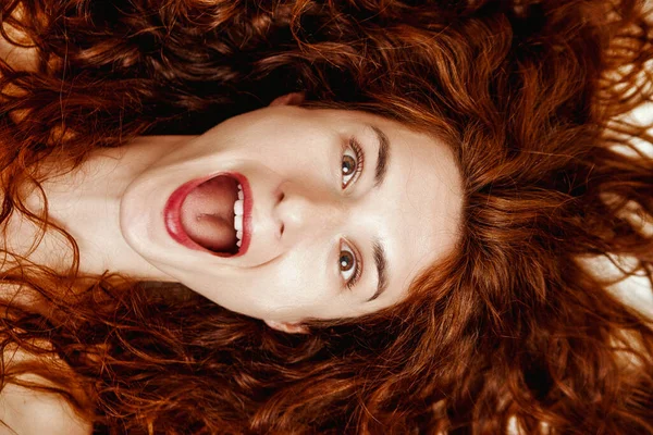 Overhead Shot Spirited Young Woman Wide Open Mouth Showcasing Flawless — Stock Photo, Image