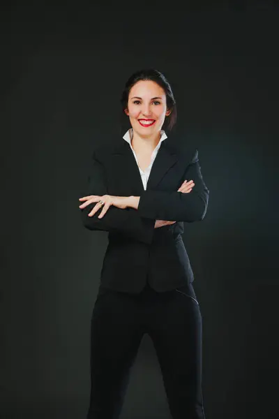 Proudly Standing Woman Black Suit Pants Wearing High Heels Self — Stock Photo, Image