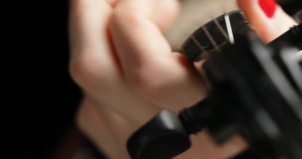 Black Electric Violin Neck Moves Violinists Face Shot Highlights Fingers — Stock Video