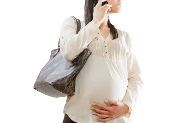 专业看孕妇在电话 白色孤立的背景 脸隐藏着 背着一个相当大的肩袋 — 图库照片