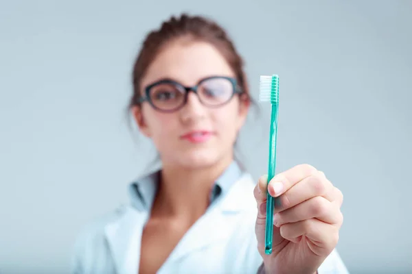 Focused Dental Tools Dentist Blurred Backdrop Stresses Mechanical Action Proper — Stock Photo, Image