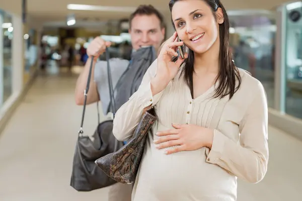 Pregnant Woman Engrossed Phone Call Followed Her Husband Burdened Her — Stock Photo, Image