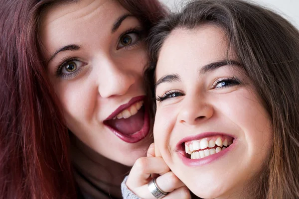 Dos Mujeres Jóvenes Con Maquillaje Meticuloso Pelo Largo Hacen Caras —  Fotos de Stock