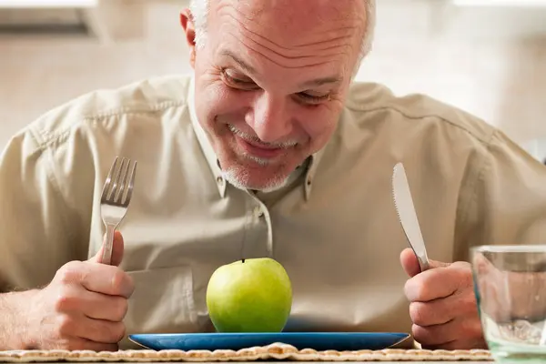 Old Man Stoically Prepares Eat Just Green Apple Only Item — Stock Photo, Image