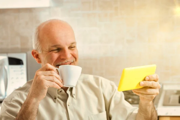 Bright Morning Light Fills Kitchen Old Man Stands Gazing Intently — Stock Photo, Image