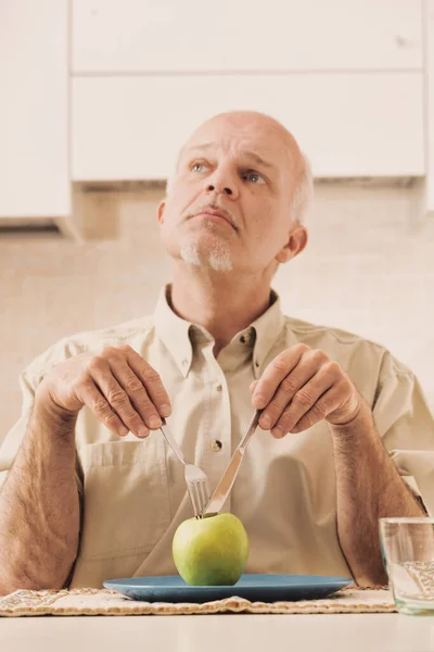 Only Green Apple His Plate Elderly Man Readies Himself Making — Stock Photo, Image