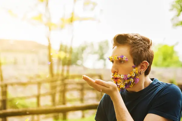 Surrounded Nature Young Man Facial Hair Made Spring Blossoms Releases — Stock Photo, Image
