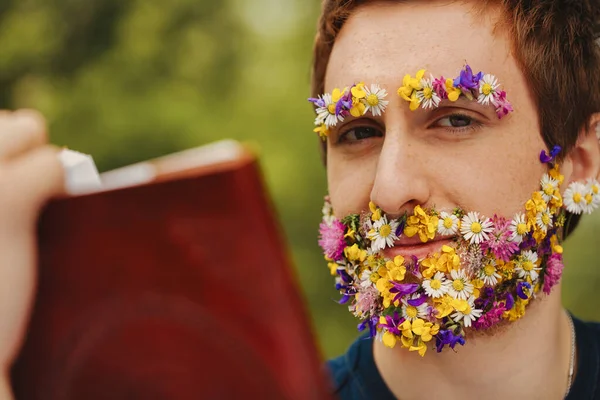 Deep Forest Young Man Exhibits Springtime Flowers Lieu Facial Hair — Stock Photo, Image