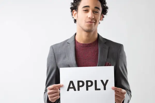 Cheerful Man Curly Hair Encourages Sign Reading Apply Dressed Sophisticated — Stock Photo, Image