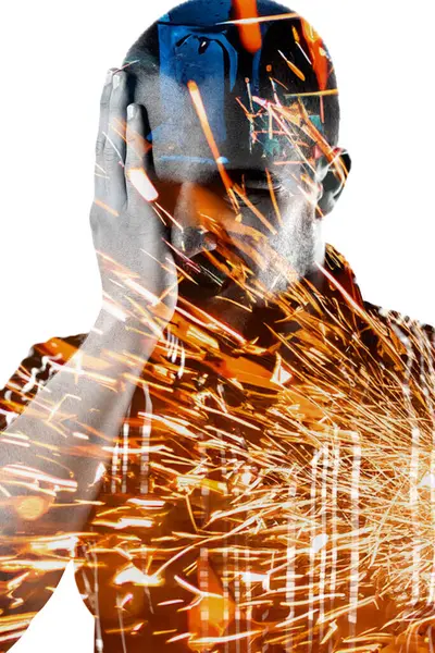 Man Overwhelmed Expression Storm Industrial Sparks — Stock Photo, Image
