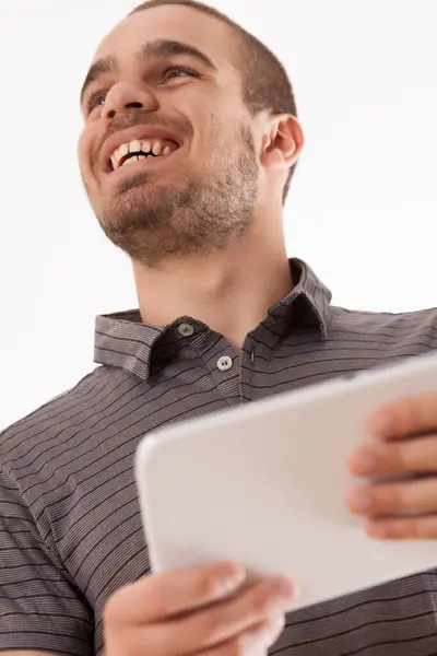 Striped Shirt Man Interacts Tablet Picture Delight — Stock Photo, Image