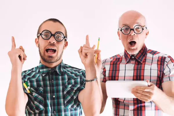 Lighthearted Scene Two Nerds Make Comic Gesture — Stock Photo, Image