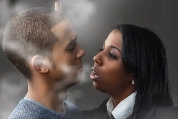 Ension Palpable Smoking Woman Tests Patience Non Smoking Man Cigar — Stock Photo, Image