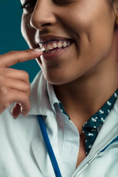 Her Lab Coat Her Playful Attitude Dental Care Makes Usually — Stock Photo, Image