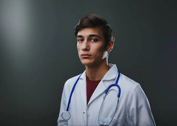 Clad His Medical Attire Young Professional Looks Resolve Ready Embark — Stock Photo, Image