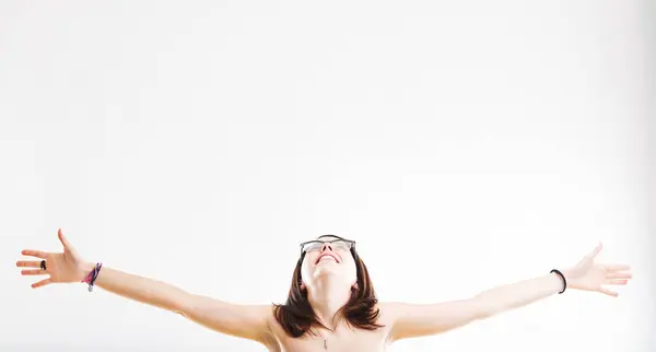 Joy Openness Displayed Woman Arms Stretched Beaming Face — Stock Photo, Image