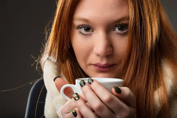 Intimate Close Woman Red Hair Savoring Cup Comfort — Stock Photo, Image