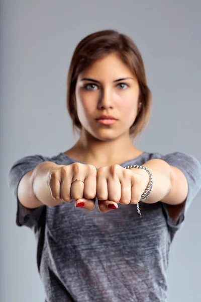 Focused Empowered Her Clenched Fist Conveys Message Resolve Fortitude — Stock Photo, Image