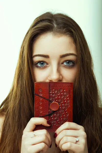 Rich Embossed Leather Journal Held Close Her Face Only Heightens — Stock Photo, Image