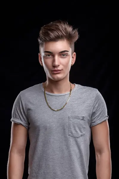 Confident Young Man Models Stylish Hair Gold Chain Earrings Sporting — Stock Photo, Image