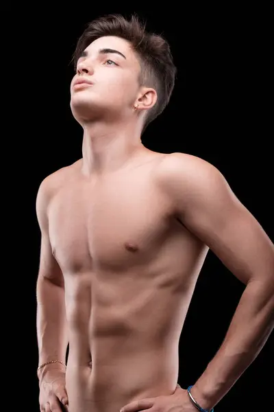 Young Shirtless Man Gazes Upward His Confident Stance Toned Physique — Stock Photo, Image