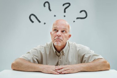 elder's puzzled look, with question marks aloft, signals his contemplation of unanswered questions clipart