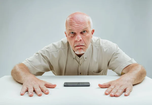 Man Scrutinizes Phone Possibly Puzzled Content Displayed Impatient Response — Stock Photo, Image