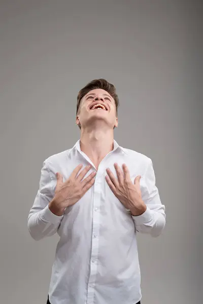 Overwhelmed Happiness Clutches His Chest White Shirt Head Thrown Back — Stock Photo, Image