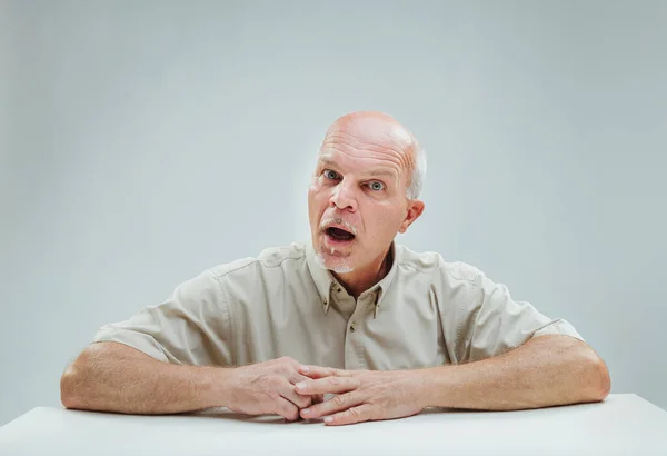 Man Table Appears Shocked Mouth Agape Possibly Reacting Unexpected Event — Stock Photo, Image
