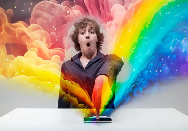 Man Gasps Technicolor Explosion Erupting His Smartphone Visual Feast Digital — Stock Photo, Image