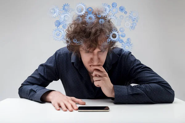 Pensive Man Contemplates Phone Gears Virus Symbols Hint Tech Related — Stock Photo, Image