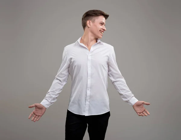 Personable Man Arms Outstretched Presents Inviting Posture Blending Openness Sharp — Stock Photo, Image